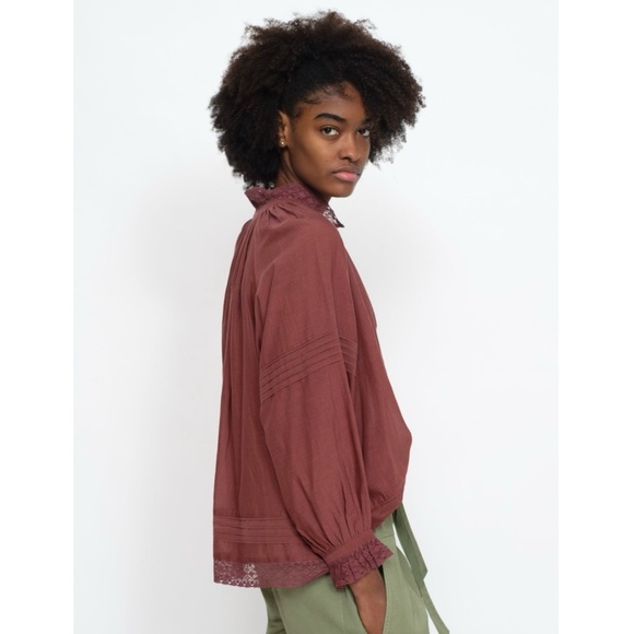 SEA NY Burgundy Cotton Lace Trim Puff Long Sleeve High Neck Oversized Top XS‎ - Picture 3 of 6